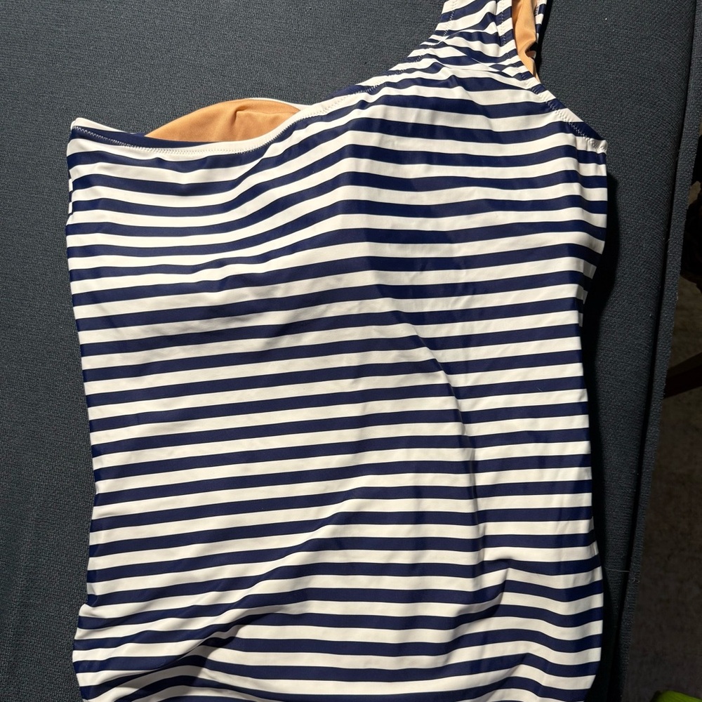 J. Crew One Shoulder Ruched One Piece Navy/White Stripes NWT size 16 - Picture 4 of 9